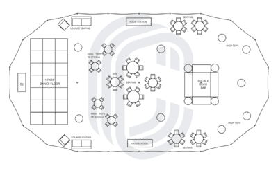 45′ by 84′ Sailcloth Tent Layout for a 200 Guest Cocktail Party