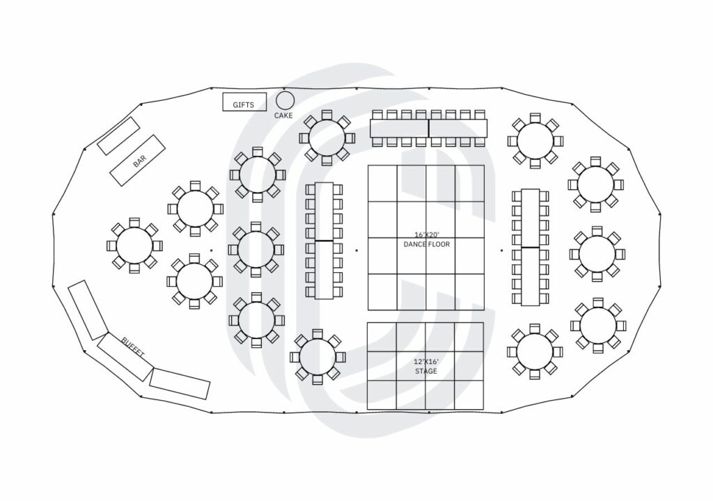 45' by 84' Sailcloth Tent Wedding Layout for 152 Guests