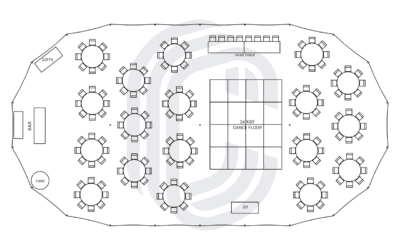 45′ by 84′ Sailcloth Tent Layout for a 150 Guest Wedding