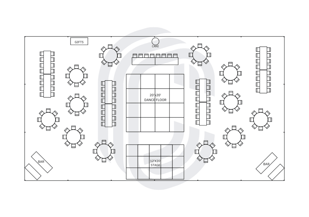 50' by 90' Frame Tent Layout for a 168 Guest Wedding