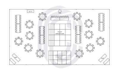 50′ by 90′ Frame Tent Layout for a 168 Guest Wedding