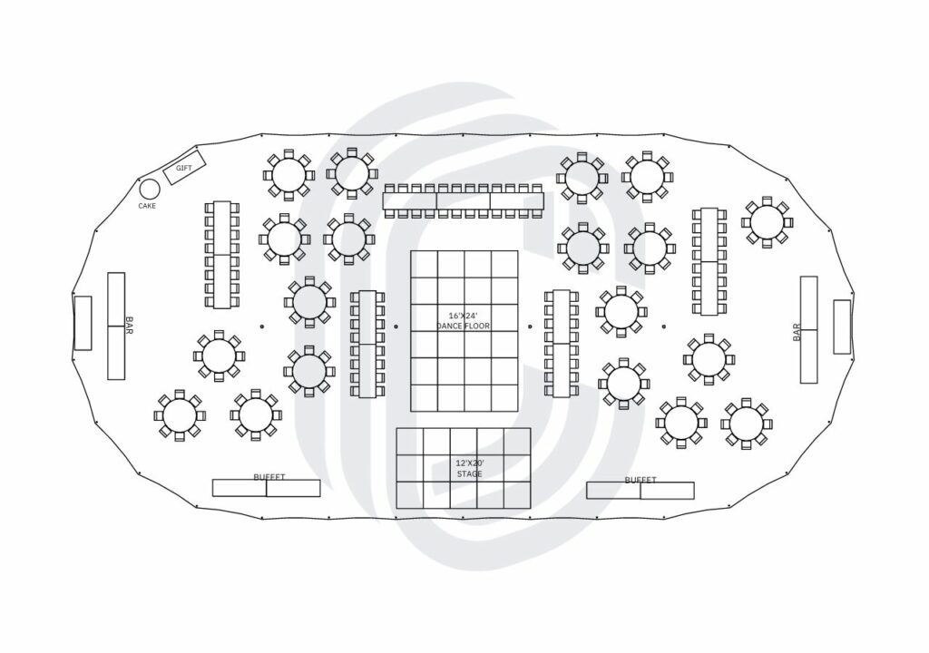 57' by 116' Sailcloth Tent Layout for a 240 Guest Wedding