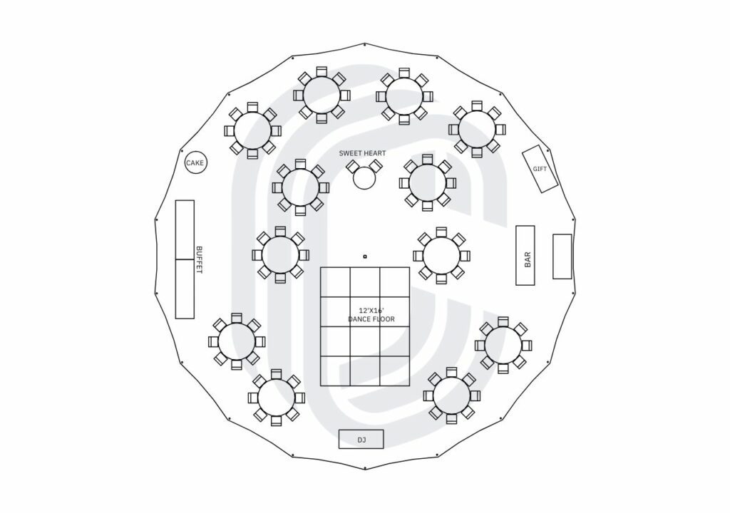 57' by 56' Sailcloth Tent Layout for 98 Guests