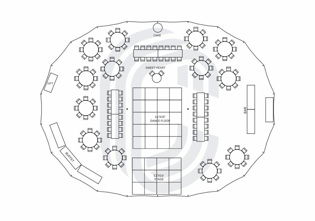 57' by 76' Sailcloth Tent Layout for a 154 Guest Wedding