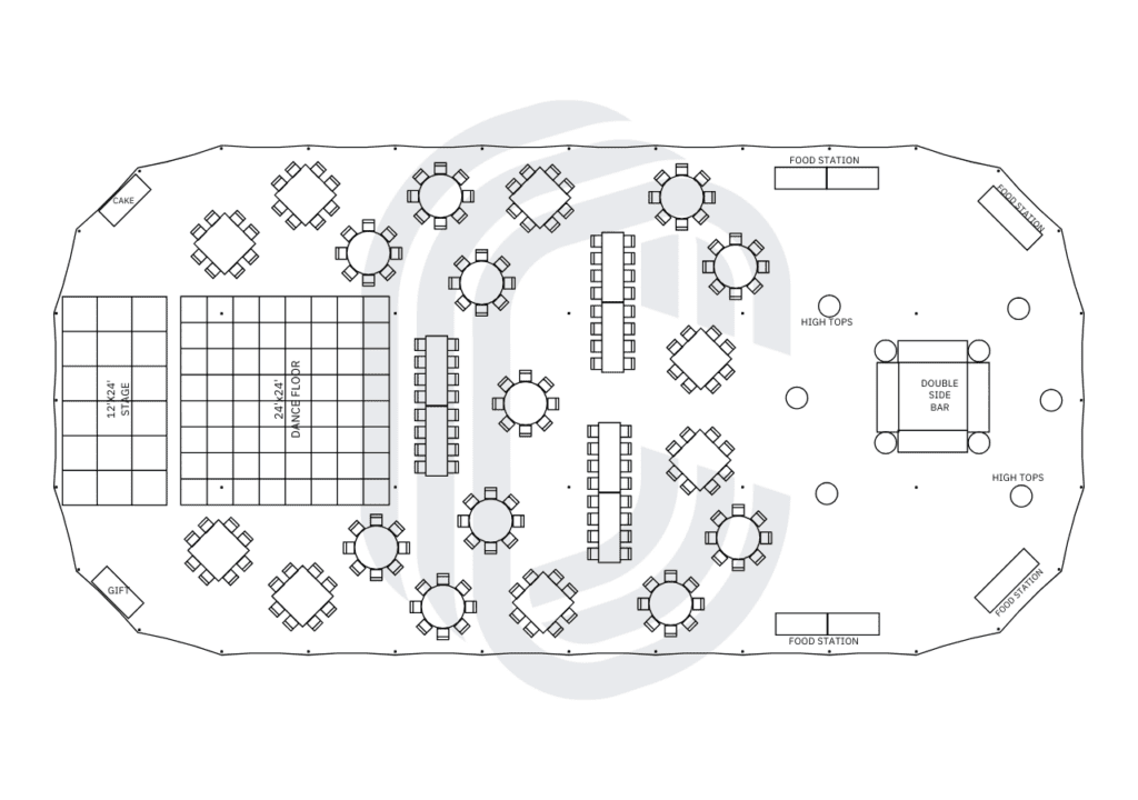 59' by 119' sailcloth tent layout for a 200 guest wedding