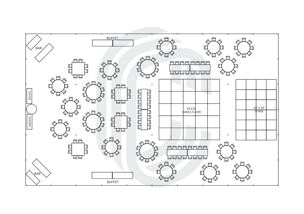 60' by 100' Pole Tent Layout for 228 Guest Wedding