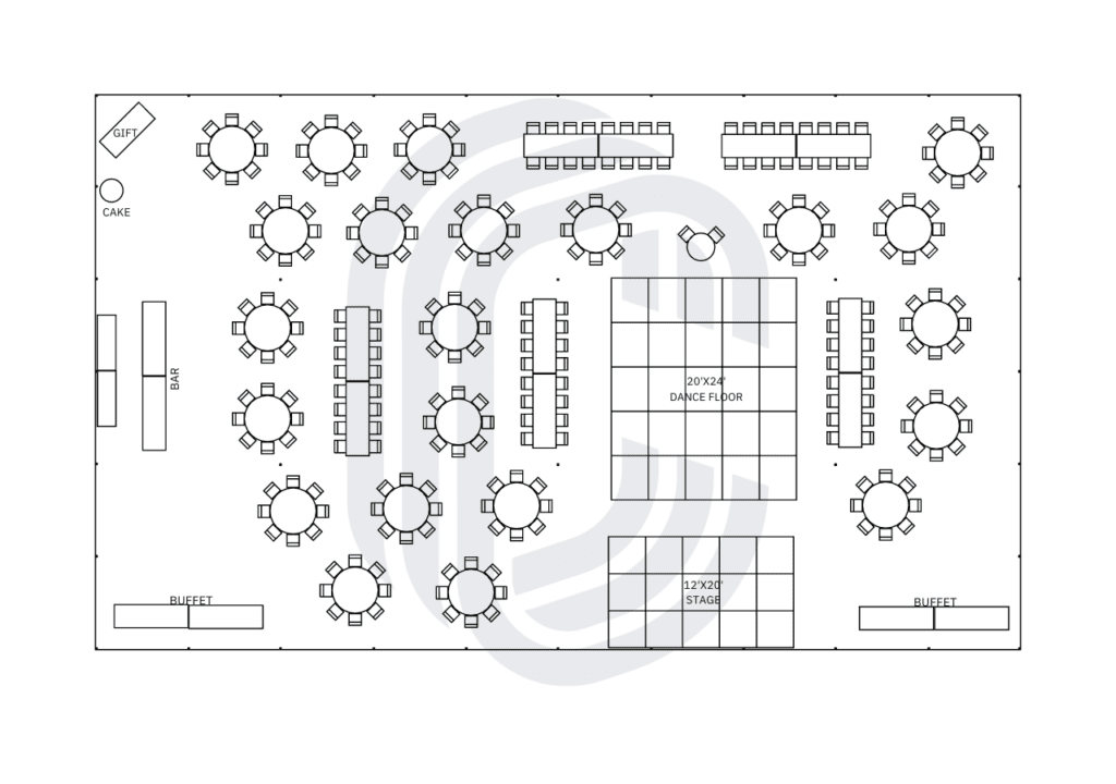 60' by 100' Pole Tent Layout for 258 Guests