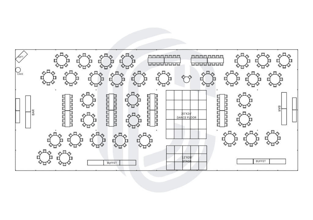 A 60' by 140' pole tent layout for 362 guests