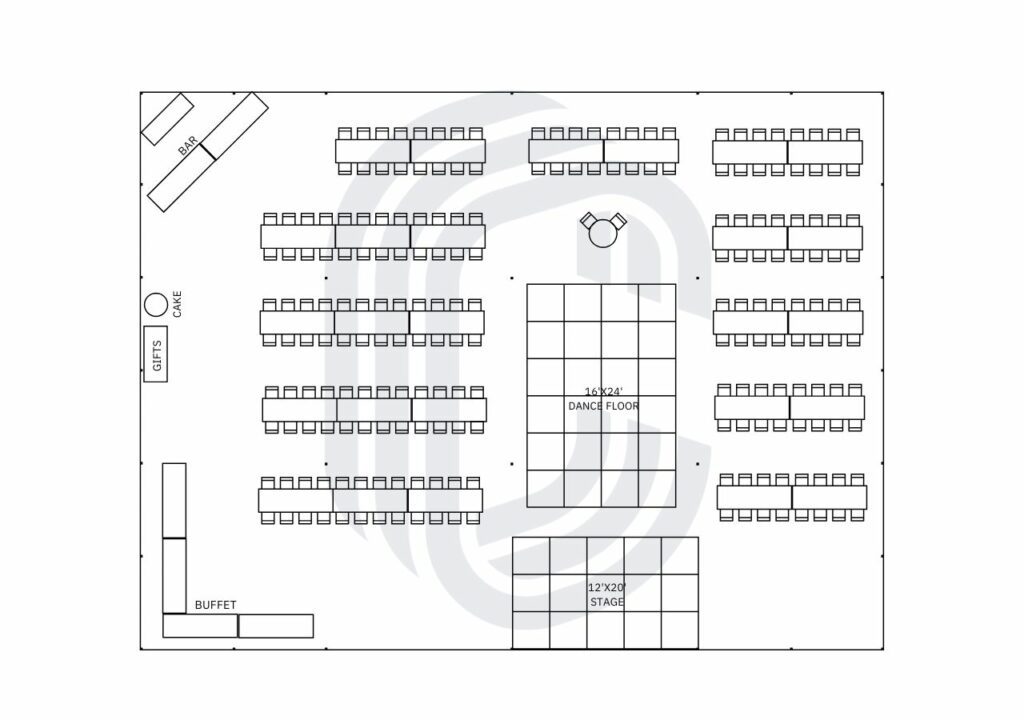 60' by 80' Pole Tent Layout for a 210 Guest Wedding