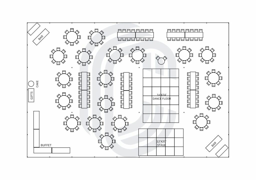 60' by 90' Pole Tent Layout for 230 Guests