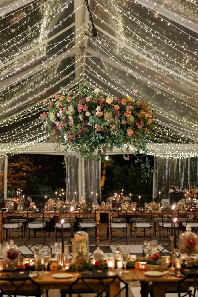 clear top tent with waterfall twinkle lighting and floral chandelier