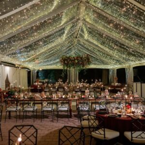 clear top wedding tent with waterfall lighting and floral chandelier