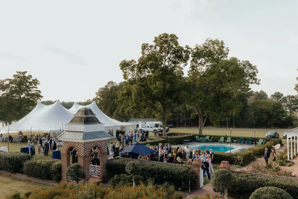 wedding tent set up next to pool area