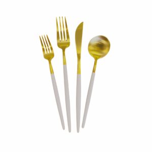 gold with white handle place setting for rental