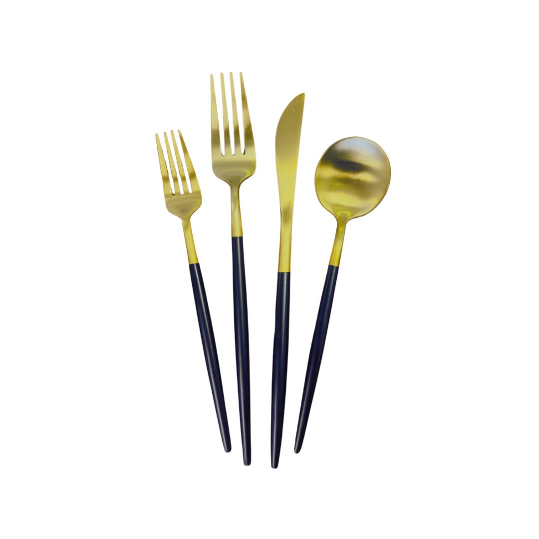 gold with black handle table setting flatware rentals