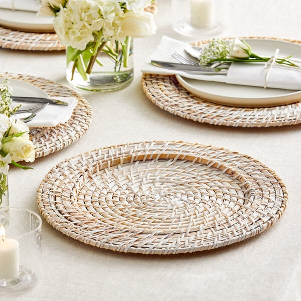 light colored blond rattan charger plate, set on table